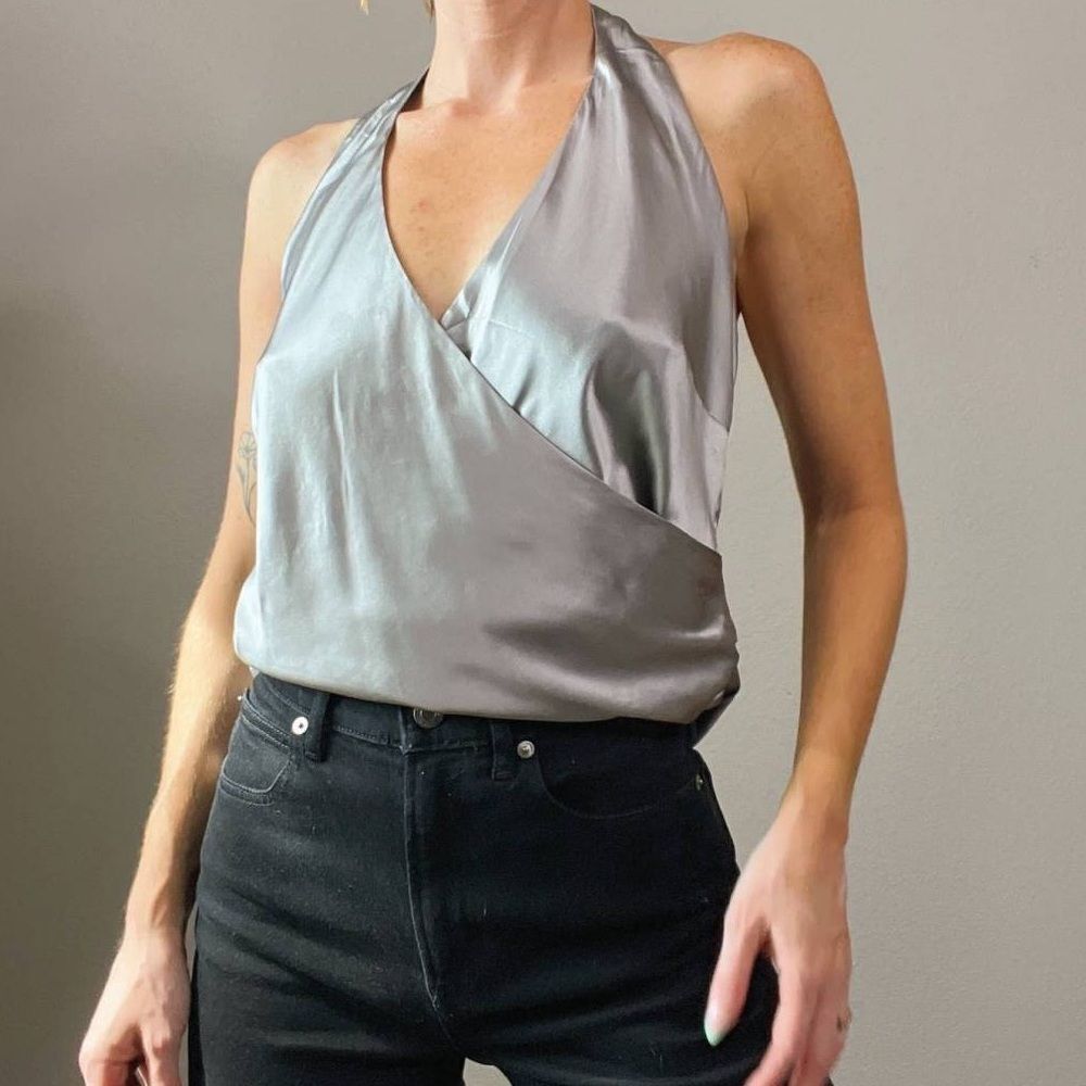 Ann Taylor Silk Cross Over Silver Halter Blouse, Size‎ 4 Petite